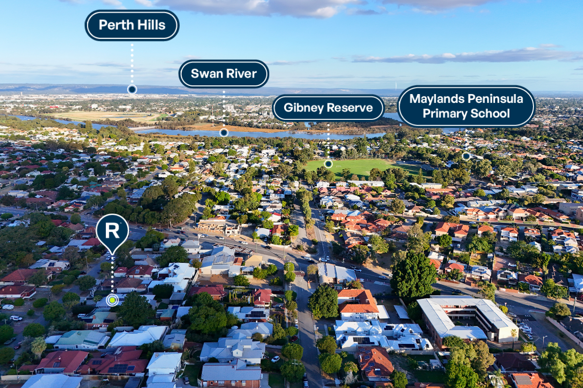 Drone aerial photo with branded landmark labels — Maylands, Perth